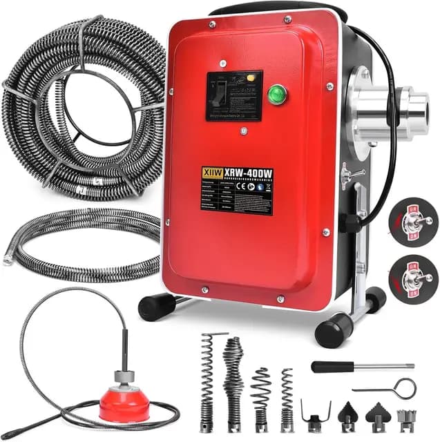 400W 450U/min Elektrische Rohrreinigungsmaschine mit FI-Schalter für Ø30-100mm Rohrleitungen, Rohrreinigungsgerät Rohrreiniger Abflussreiniger, Rohrreinigungsspirale Ø10mm 5M, 16mm 18,5M Spiralen