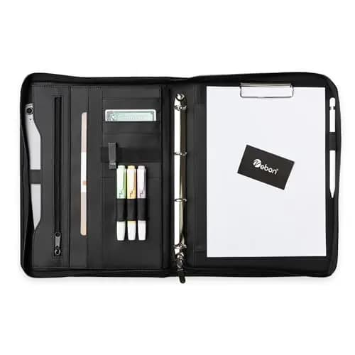 Vebon® Schreibmappe Ringbuch A4 "Berlin" I Reißverschluss + Klemmbrett I Konferenzmappe + Laptoptasche I extra Stauraum I Schwarz I Kunstleder