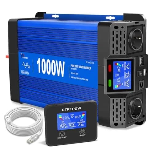 1000W/2000W 12V Auf 230V Reiner Sinus Wechselrichter mit Fernbedienung, 2 EU Steckdosen, 2 USB+Tycp-C Anschlüssen, geeignet für Haushaltsgeräte, Wohnmobile, Camping Spannungswandler