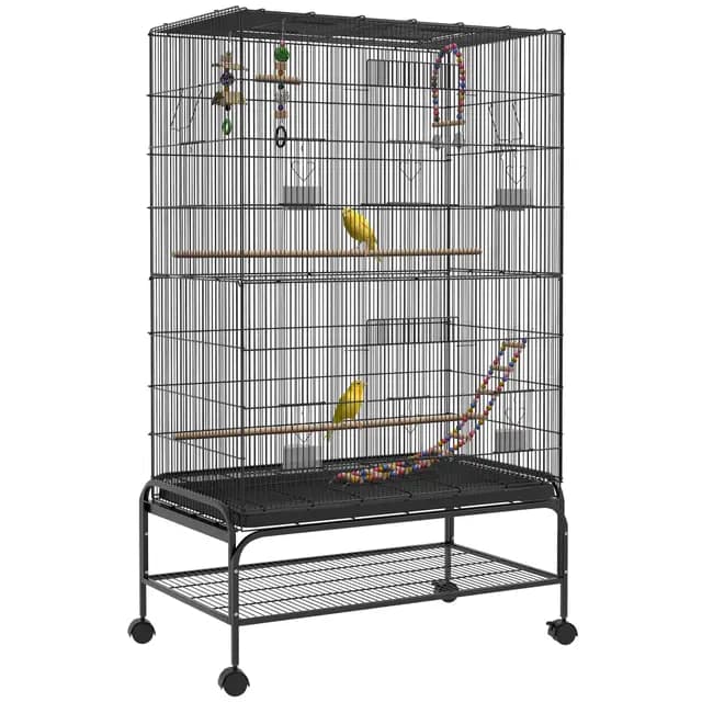 PawHut Vogelkäfig Groß Vogelvoliere mit Sitzstangen, Rollen, Bodenwanne, Metall Vogelhaus mit 2 Türen, Vogelspielzeug, Vogelbauer Wellensittichkäfig Käfig für Vögel, 97 x 58 x 160 cm