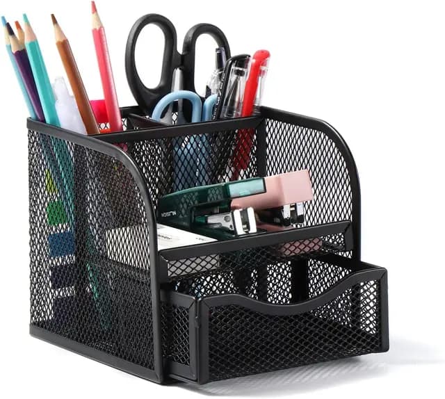 Schreibtischorganizer – Metallgitter Stiftehalter mit 4 Fächern & Ausziehbarer Schublade, Kompakte Büroorganisation für Büro, Zuhause & Schule