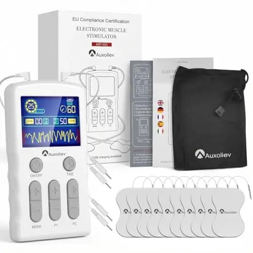 AUXOLIEV TENS EMS Gerät, 2 Kanäle und 25 Modi TENS Gerät Schmerztherapie mit 10 Stücke 2"x2" TENS Elektroden Pads, Wiederaufladbare TENS Reizstromgerät zur Schmerzlinderung am Arm, Bein, Rücken usw