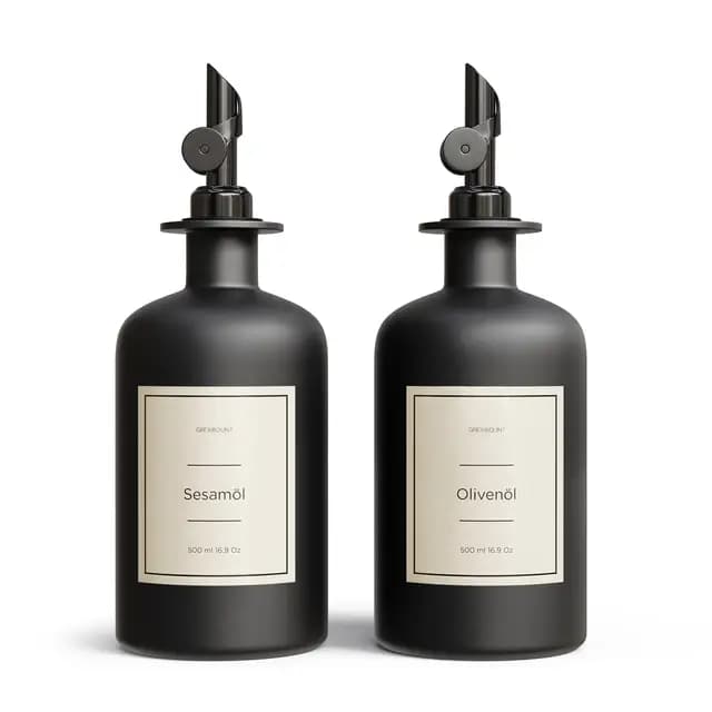 Essig und Ölflaschen Set - 2er Pack Ölspender 500ml | Ölflasche aus Glas mit Ausgießer Schwarz für Olivenöl, Essig und mehr | Perfekt für Kochen, Salate und BBQ