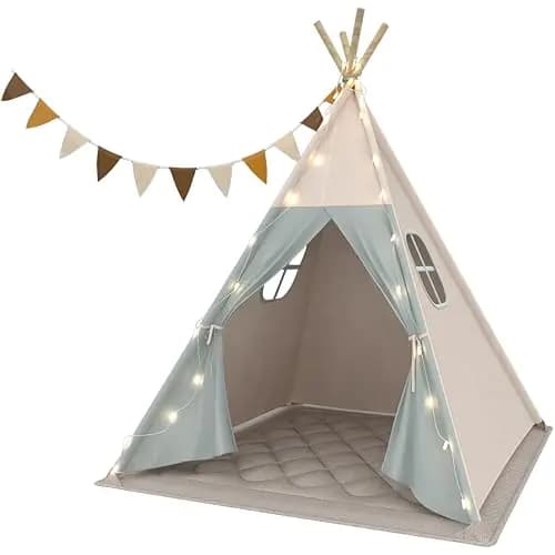 Tipi Zelt für Kinder, Waschbar Kinderzelt mit Gepolsterter Decke, Lichterkette, Tragetasche, Segeltuch Spielzelt für Mädchen & Jungen