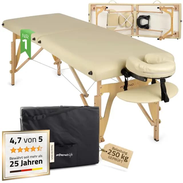 HABYS Sonia Massageliege klappbar aus Holz mit 2 Zonen, 165 × 60 cm, Ultraleicht 11 kg, höhenverstellbar bis 250 kg, Mobile Massagebank mit Kopfstütze und Tragetasche, Beige