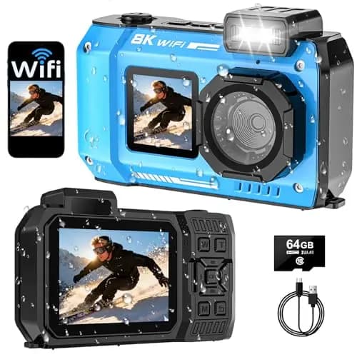 Digitalkamera, Yixinxin 8K Unterwasserkamera, 70MP Autofokus 33FT WiFi Digitalkamera wasserdichte mit 64GB Karte, Dual-Screen Selfie 2500mAh Batterie, 16X schwimmfähig Digital für Schnorcheln