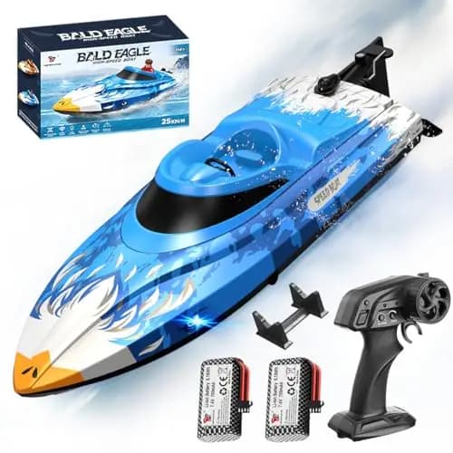 Ferngesteuertes RC Boot 25 km/h, wasserdicht mit 2,4 GHz Fernsteuerung, Wasserkühlung, LED, automatische Flip-Funktion, Akku- & Reichweitenalarm, 2 Batterien, für Kinder & Erwachsene, Pool & See