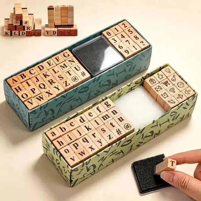 Buchstaben Stempel Set 80-teilig Holzstempel Alphabet Zahlen und Symbole mit Stempelkissen Groß- & Kleinbuchstaben Stempelset für Scrapbooking Kartenherstellung Basteln