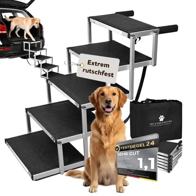 Hundetreppe Auto klappbar & Hunderampe – stabile, rutschfeste Einstiegshilfe für große Hunde mit Reflektoren, in 2 Größen erhältlich