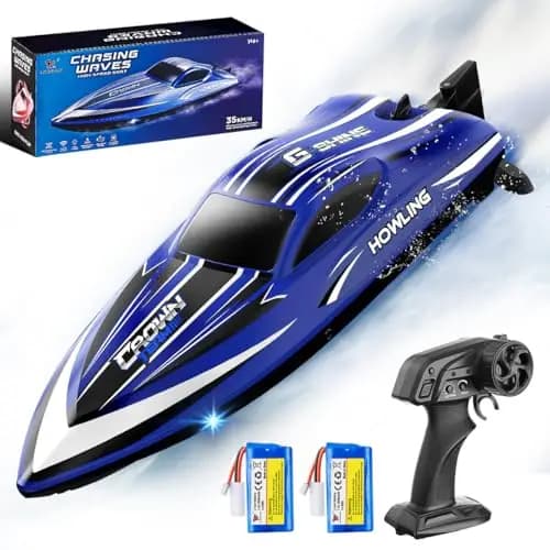 Ferngesteuertes Boot 35 km/h RC Boot, wasserdicht,2,4 GHz Fernsteuerung, LED, Flip-Funktion, Wasserkühlung, Akku- & Reichweitenalarm, 2 Batterien, für Kinder & Erwachsene, ideal für Pool & See