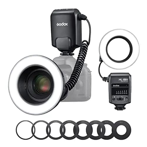 Godox ML150II Tragbarer LED Makroringblitz Ringblitzleuchte Set6-stufige Leistungswahl (1/32-1/1) 5800K±200K Dimmbar für Nikon/Canon/Panasonic/Olympus/Sony 11 FX Light Effects