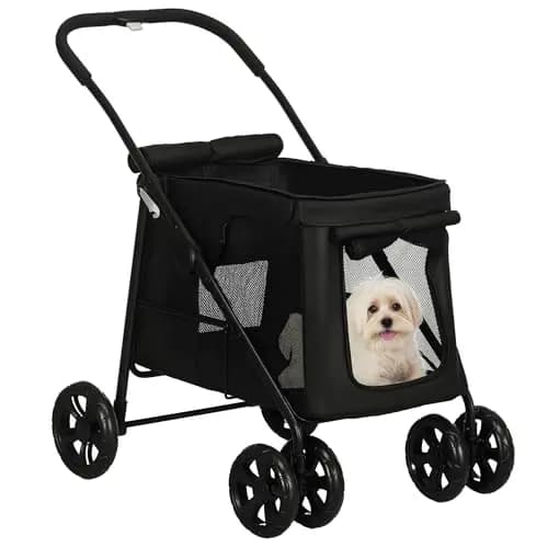 PawHut Hundewagen, faltbarer Hundebuggy, Hundetrolley mit Kissen, Katzenbuggy bis 20 kg, Katzenwagen für kleine und mittelgroße Hunde mit Seitentaschen, Netzfenster, Oxford-Gewebe, Schwarz