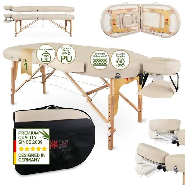 Zen Oval Massageliege klappbar, mobil - stabile Massagetisch, Kosmetikliege, Tattoo Liege aus Holz, Massagebank Behandlungsliege inkl. Tasche, Armlehne, Alu-Kopfstütze für Physiotherapie Cremé
