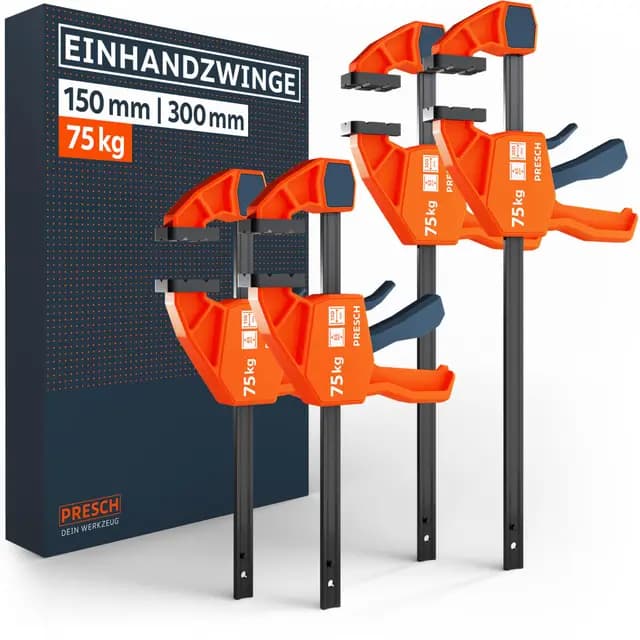 PRESCH Einhandzwingen 150mm & 300mm 4 Stk. – Zwingen Set mit 75kg Spannkraft für sofortiges Fixieren – Robuste Schnellspannzwingen dank Carbonstahl & glasfaserverstärktem Gehäuse – Mit Spreizfunktion