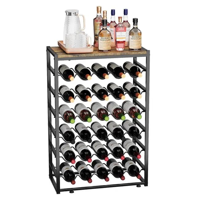 Urban Deco Weinregal für 30 Flaschen, Flaschenregal Stehend mit Holz Tischplatte, Weinregal Metall Schwarz für Küche Bar Keller Esszimmer, 59 x 30 x 89 cm