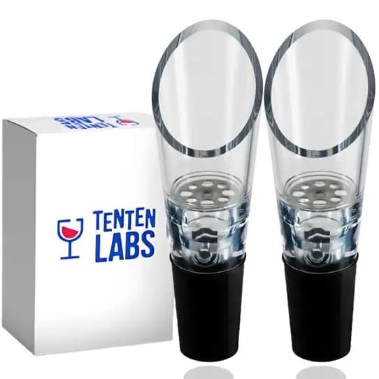 TenTen Labs Weinbelüfter und Weindekanter (2er-Pack) – Belüfter und Dekanter für Rotwein mit Flaschenverschluss – Set mit Geschenkbox, (Schwarz)