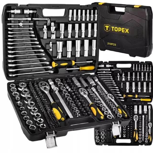 TOPEX Werkzeugkoffer 219-tlg: 1/2", 3/8", 1/4" Nüsse, Ratschen, Bits, Knarrenkasten, Für Kfz, Werkstatt & Heimwerker, Universal-Set Knarrenkasten Universal-Werkzeugkoffer
