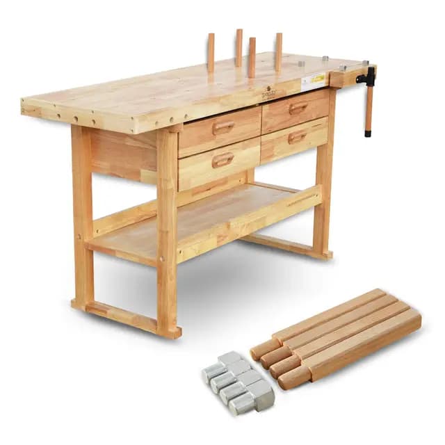 BAMATO Hobelbank WORK-1640 | *MASSIVHOLZ* 8 Bankhaken 6-Fach verstellb. Spannzange 4 Schubladen | hochwertige Arbeitsplatte | 4 große Schubladen | 1520 x 500 mm Arbeitsplatte