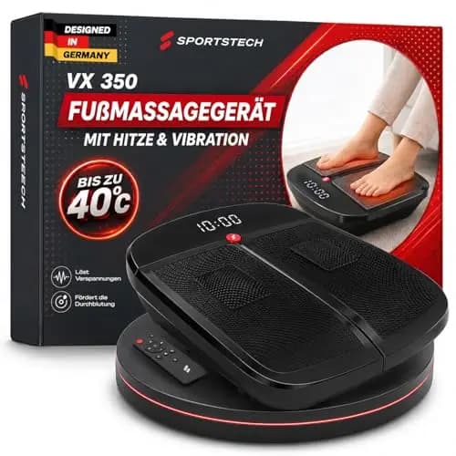 Sportstech Fußmassagegerät mit Wärmefunktion & Vibration | Akupressur Fußreflexzonen-Massage gegen kalte Füße & müde Beine | 5 Programme, 20 Stufen, Fernbedienung, LED-Display | VX350
