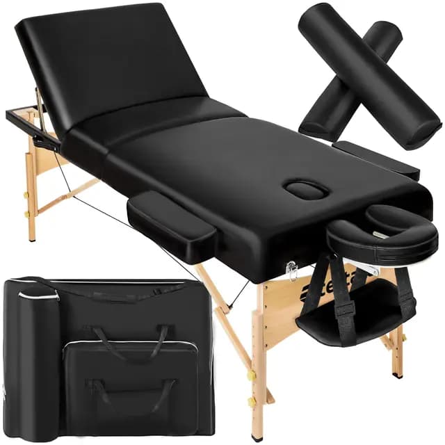 tectake® Mobile Massageliege mit 3 Zonen, klappbar, mit 7,5 cm Polsterung, bis 250 kg belastbar, Massagebank mit Zubehör Tasche, Voll- und Halbrolle, mobiles Möbel für Massage - schwarz