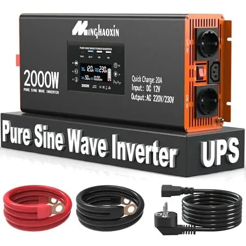 2000W Wechselrichter 12V auf 230V Reiner Sinus,Spannungswandler mit Netzvorrangschaltung und ladefunktion und USV Funktion,mit LCD,AC,USB-A/C,Automatische Schaltung zwischen Stromnetz und Batterie