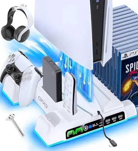 OIVO PS5/PS5 Slim/PS5 Pro Ständer mit 3 stufig Lüfter und Licht, PS5 Standfuß mit 4 USB Ports/Controller Ladestation/Headset Halter/Remote Steckplatz/14 Spiele Aufbewahrung für PS5 Zubehör