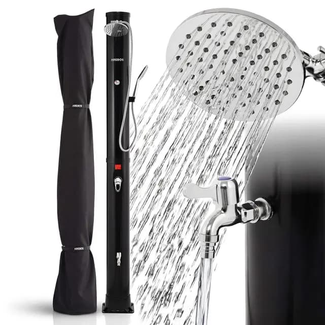 Arebos Solardusche 40 L Schwarz | Pooldusche & Gartendusche mit Thermometer | Regendusche mit Handbrause, Fußdusche & 360° Duschkopf | inkl. Abdeckhaube