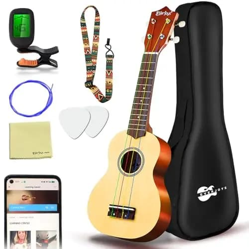 Everjoys Sopran Ukulele Set für Anfänger 21 Zoll Ukulele Starter Kit mit Kostenlose Online-Kurse, Tasche, Tuner, Saiten, Pick, Kleine Hawaii Gitarre Natur