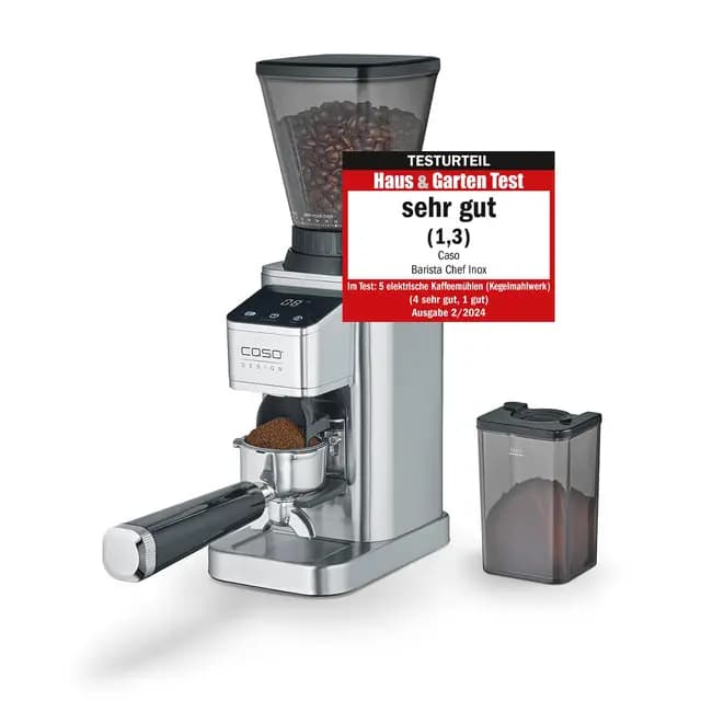 CASO BaristaChef Inox - elektrische Kaffeemühle, Testurteil: Sehr Gut, Edelstahl-Kegelmahlwerk, mit Siebträgerhalterung, 48 präzise Mahlgradstufen