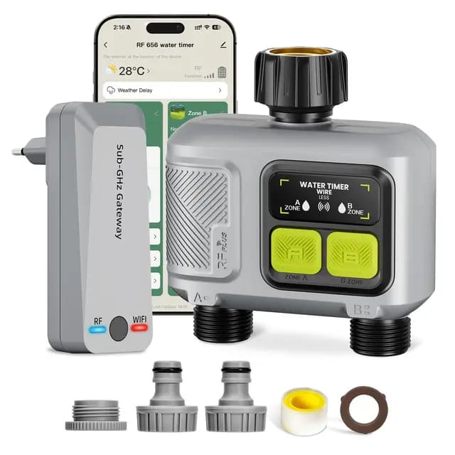 WLAN Bewässerungscomputer mit 2 Ausgängen, Smarte Bewässerungsuhr Set (300m Reichweite RF), App/Sprachsteuerung, Regenverzögerung, Automatische Gartenbewässerung für Rasen, Garten,Balkon
