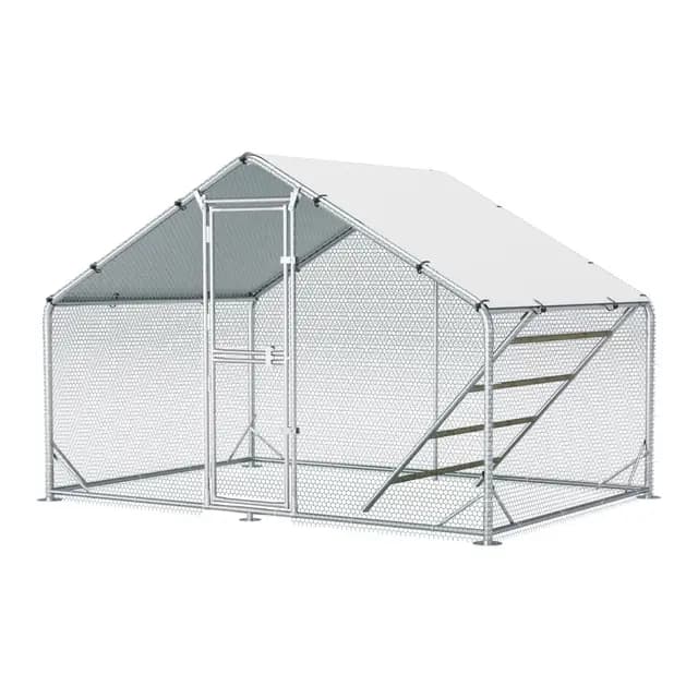 Sannwsg Großer begehbarer Hühnerstall aus Metall 3x2x2m mit PE-Dachabdeckung, wetterfestes Freilaufgehege mit 6 m² Spitzdach für Garten, für 6–10 Hühner inkl. Zubehör und Sitzleiter