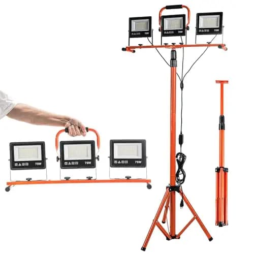 ETOOLAB Baustrahler LED mit Stativ | Baustrahler Led | 30000LM | 225W( 3x 75W) | StrahlerArbeitsscheinwerfer 5m Bauscheinwerfer | Baustellenlampe | 98-200cm außen höhenverstellbar