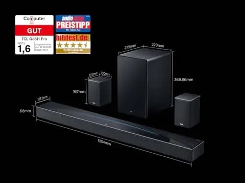 TCL Q85H Pro Soundbar 7.1.4 Kanal, 860W Heimkino-Lautsprecher mit Cinema Surround, Dolby Atmos, DTS:X, Sound Expansion, Bluetooth 5.1, HDMI eARC, USB, Optisch, Premium-Design, Eine Fernbedienung