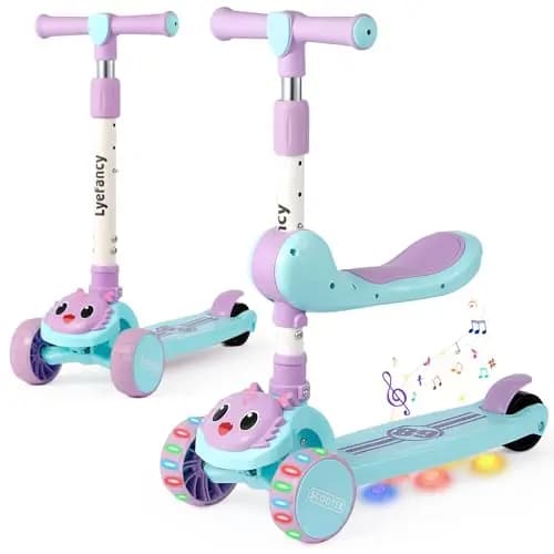 3-Rad-Roller für Kinder im Alter von 2–8 Jahren, 2-in-1-Kinderroller mit abnehmbarem Sitz, Klapproller mit Musik und leuchtenden Rädern, höhenverstellbar, durch Gewichtsverlagerung lenkbar