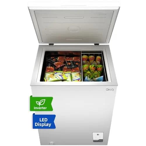 CHiQ Gefriertruhe,142 L Gefrierschrank 39 dB| mit LED, 4 Sterne Gefrierfach, -32°C bis +8°C|83,5 cm hoch, Starke Gefrierleistung, Tischgefrierschrank für Keller, Speisekammer, Gewerbeflächen, Weiß