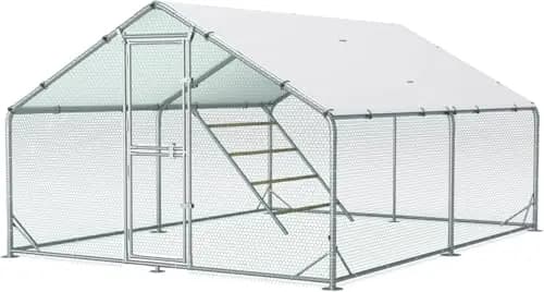Großer Hühnerstall aus Metall 3x4x2m mit Dachabdeckung Hühnergehege für Garten Wetterfestes Freilaufgehege für 10 bis 20 Hühner mit Zubehör und Sitzleiter