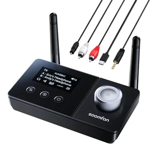 SOOMFON Bluetooth 5.3 Sender Empfänger mit Doppelantenne, 3-in-1 BT Audio Adapter für 2 Kopfhörer, Bluetooth Transmitter Receiver für TV/Stereoanlage, mit Bildschirm & Lautstärkeregelung, Aux/Optisch