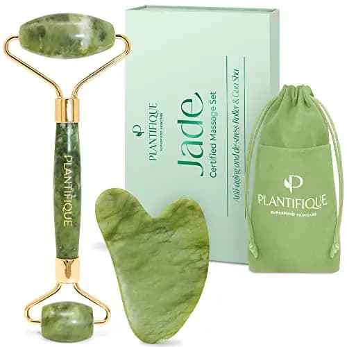 PLANTIFIQUE Jade Gesichtsroller und Gua Sha Stein Set - Natürliches Jade Face Roller & Guasha für Lymphdrainage und Massage Gesicht, Augenroller - Gesichtsmassage Roller