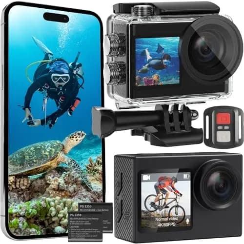 Actioncam 4K 60FPS WiFi Unterwasserkamera 40MP 40 Meter wasserdicht mit Touchscreen, 170° Weitwinkel, EIS-Bildstabilisierung, 5X Zoom, 2,4G Fernbedienung & 2 Akkus 1350mAh