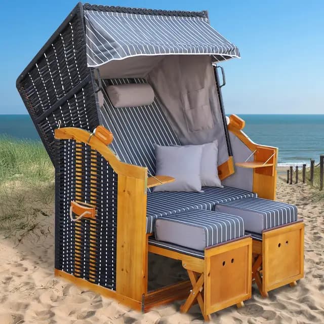 BRAST Strandkorb Rügen Deluxe | für 2 Personen | 120cm breit | 5 Designs | inkl. wetterfeste Abdeckhaube | verstellbare Rückenlehne weiches Fußkissen | Anthrazit/Weiß - Nadelstreifen