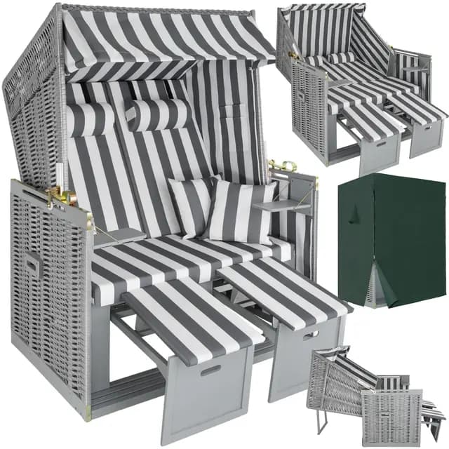tectake® Strandkorb, Strandkorb Ostsee 2-Sitzer, verstellbare Rückenlehne, Volllieger mit Fußbänkchen und Seitentische, inkl. Schutzhülle & Kissen, Ideal für Balkon, Garten und Terrasse - grau/weiß