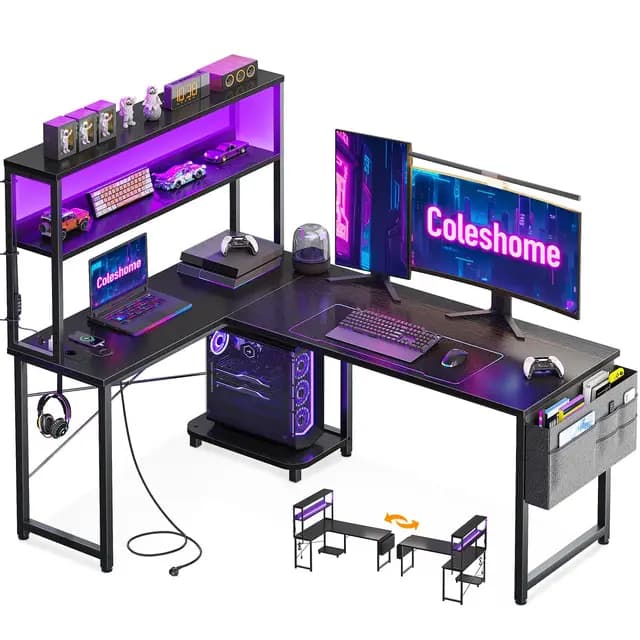 Coleshome Gaming Tisch L Form mit LED & Steckdosen, 135 × 100 cm Reversibel Gaming Schreibtisch mit Ablageregalen, Eckschreibtisch mit Aufbewahrungstasche für Homeoffice und Gaming, Schwarz