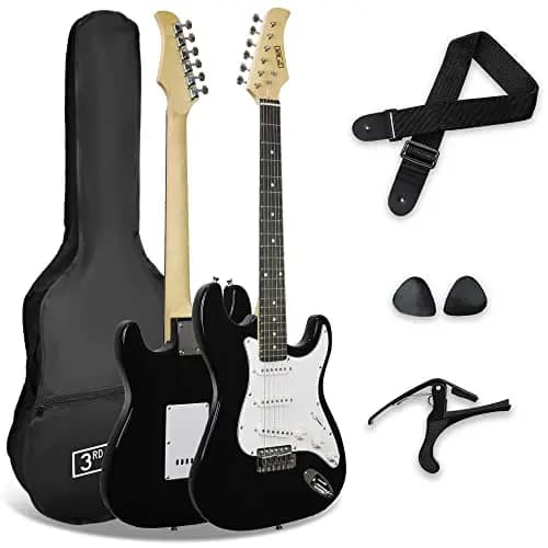 3rd Avenue XF Full Size 4/4 E-Gitarre Starter-Einsteigerpaket Mit Tasche, Gurt, Plektren Und Kapodaster - Schwarz
