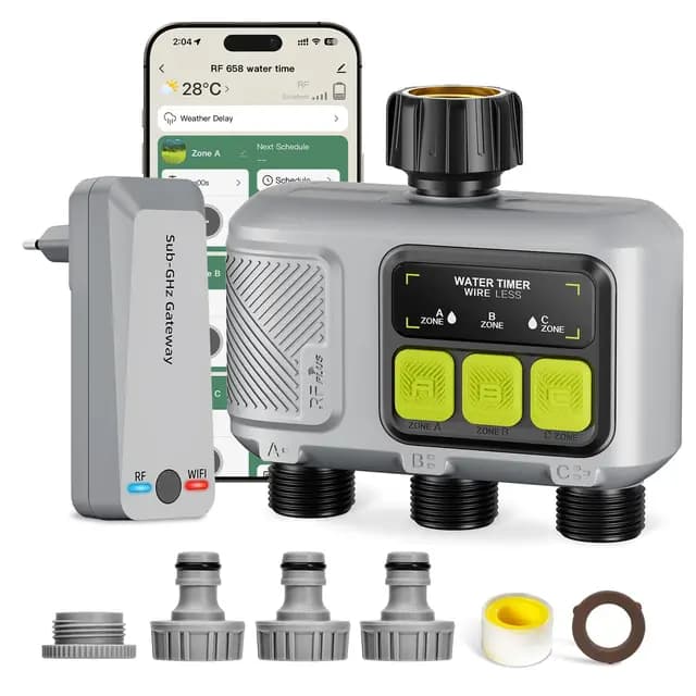 WLAN Bewässerungscomputer mit 3 Ausgängen, Smarte Bewässerungsuhr Set (300m Reichweite RF), App/Sprachsteuerung, Regenverzögerung, Automatische Gartenbewässerung für Rasen, Garten,Balkon