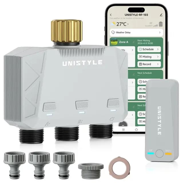 Unistyle Bewässerungscomputer WLAN 3 Ausgänge | Neuauflage 2026 – App-Steuerung, 5 Bewässerungspläne, Präzise Steuerung, Alexa-Sprachsteuerung, Automatische Bewässerung für Garten & Pflanzen
