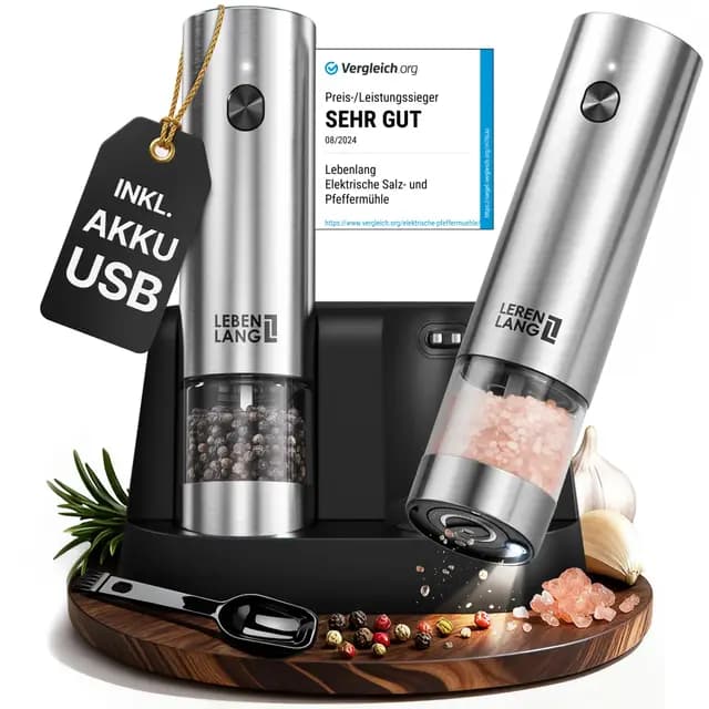 LEBENLANG Salz und Pfeffermühle Elektrisch - Wiederaufladbar & Viel Zubehör I Batterie Set I Pfefferstreuer Pfeffer und Salzmühle für grobes Salt