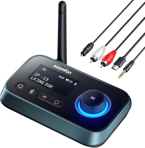 3-in-1 Bluetooth 5.0 Sender Empfänger für 2 Kopfhörer, SOOMFON Bluetooth Adapter Audio für TV PC Stereoanlage, Low Latency BT Transmitter Receiver mit Lautstärkeregelung, Aux/RCA/Optisch