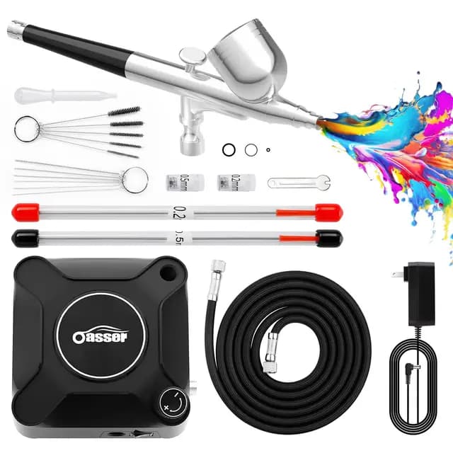 Oasser Airbrush Set 36 PSI mit Kompressor Double Action-Airbrush-Pistole und Zubehör für Modellbau Make-up Autolackierung Schwarz