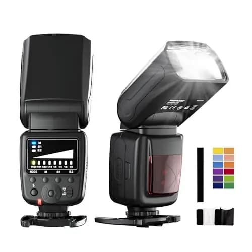 PHOTOOLEX Kamera Blitz Speedlite Kompatibel mit Canon Nikon Panasonic Olympus Pentax und andere DSLR Kameras Digitalkameras mit Standard Blitzschuh, Kamerablitz mit 12 Farbfiltern