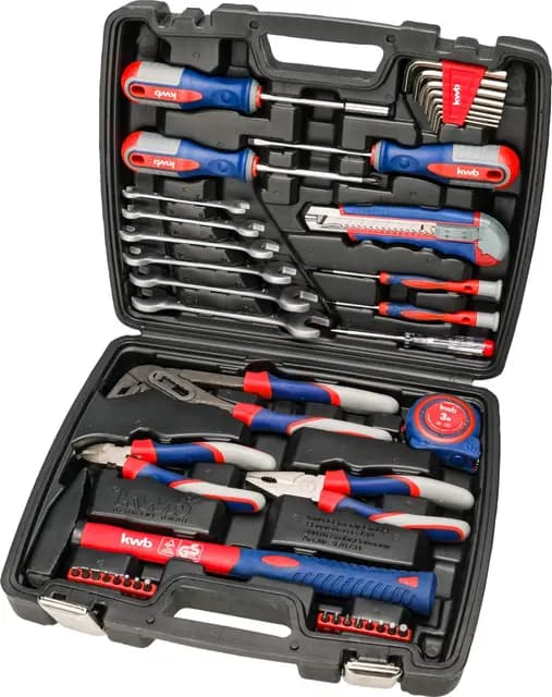 kwb Werkzeug-Koffer inkl. Schrauber-Bits - 42-teilig, gefüllt, robust und hochwertig - Ideal für Haushalt und Garage - GS-geprüft - Praktischer Kunststoffkoffer - Rot, Blau, Grau